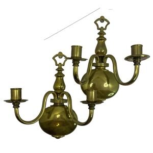 Pair Of VTG Solid Brass Candle Sconce Double Arm Wall Mount Candelabra 10.5"